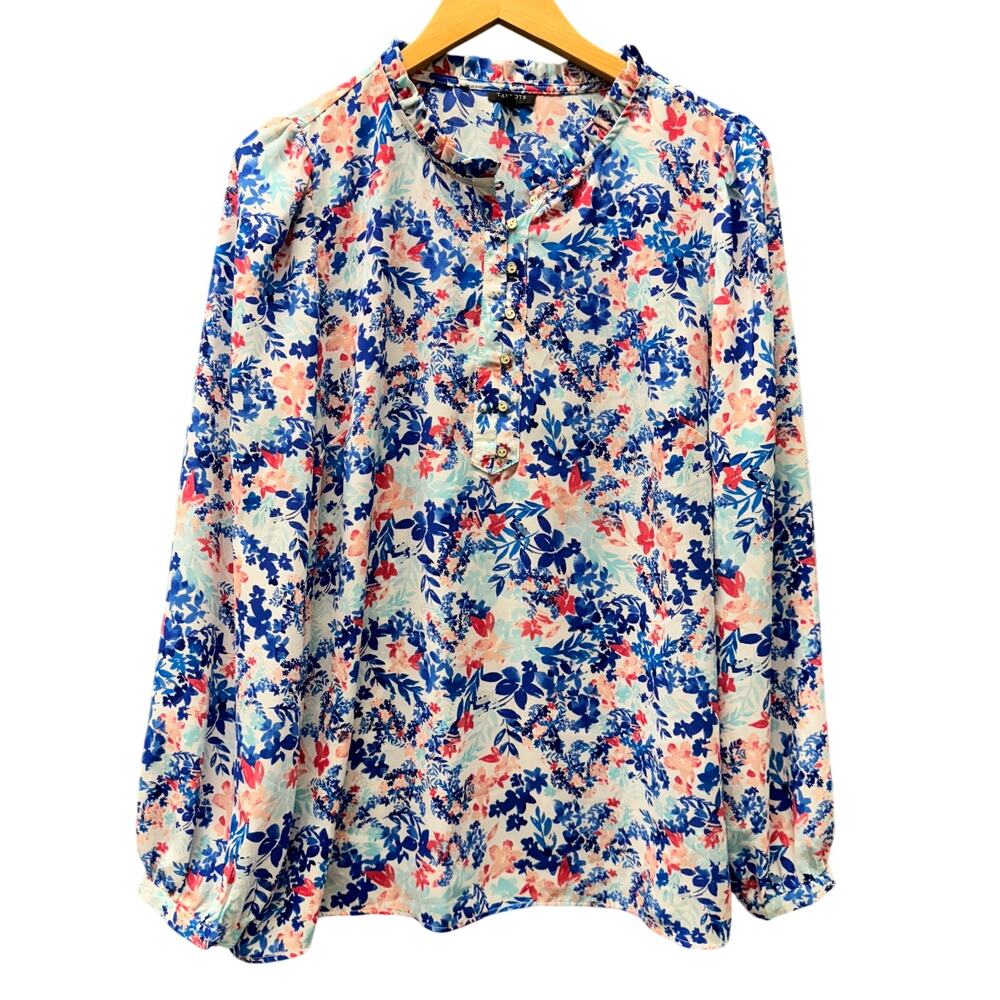 Talbots Blouse Womens XL‎ Floral Popover Long Sleeve Coastal Blue Pink Shirt